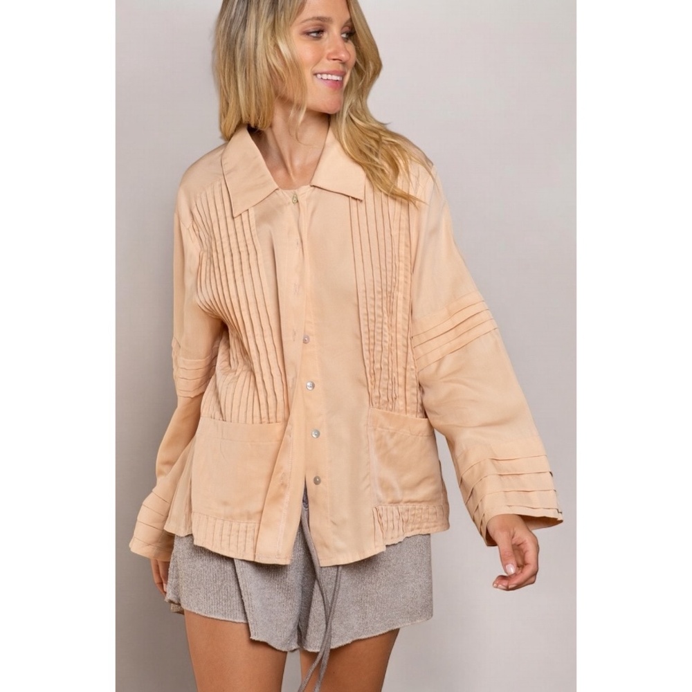 POL Apricot Pleated Wide Long Sleeve Button Down Shirt